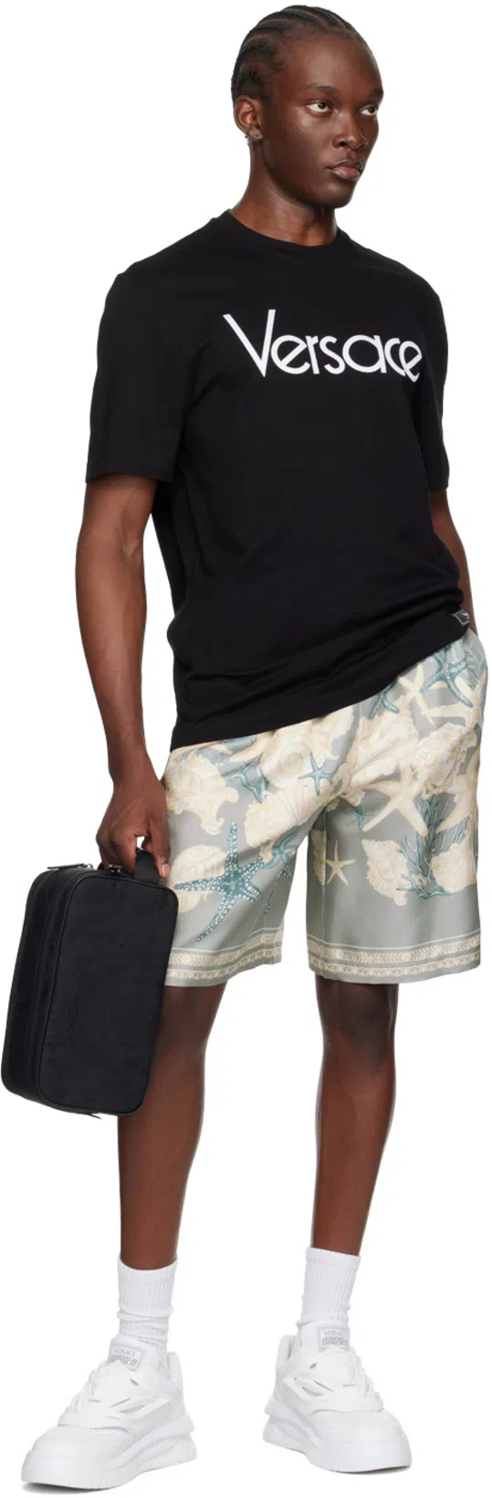 VERSACE Black Crewneck T-shirt With Contrasting Logo Lettering Print In Cotton