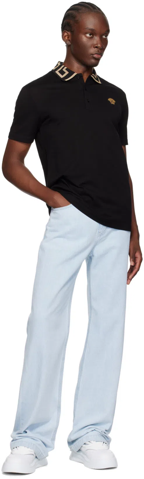 VERSACE Geometric Patterned Black Polo Shirt With Classic Placket