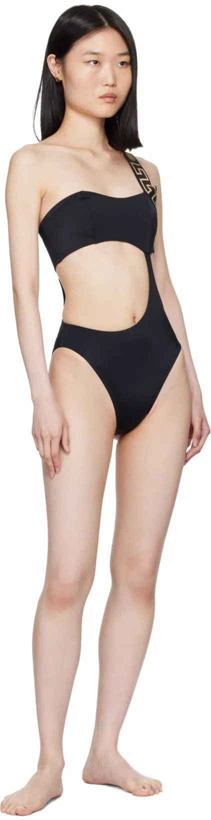 VERSACE One Piece Swimsuit With Greek Border In Black