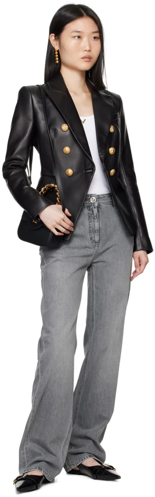 BALMAIN Black Double-breasted Jacket With Gold-colored Branded Buttons In Soft Leather Woman In Noir