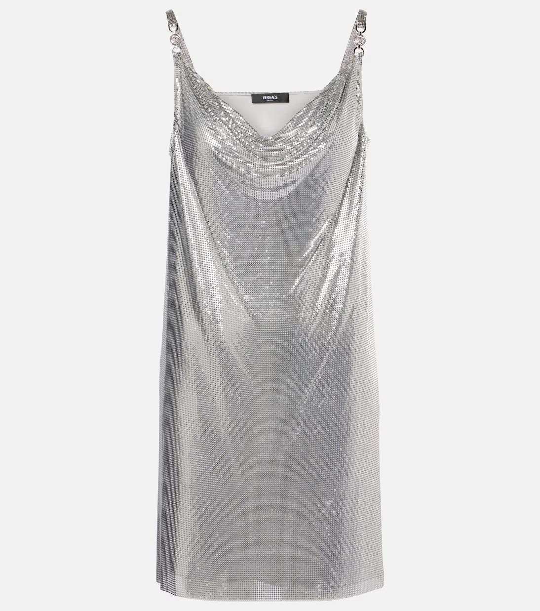 VERSACE Metallic Short Dress With Draped Neck In Grey