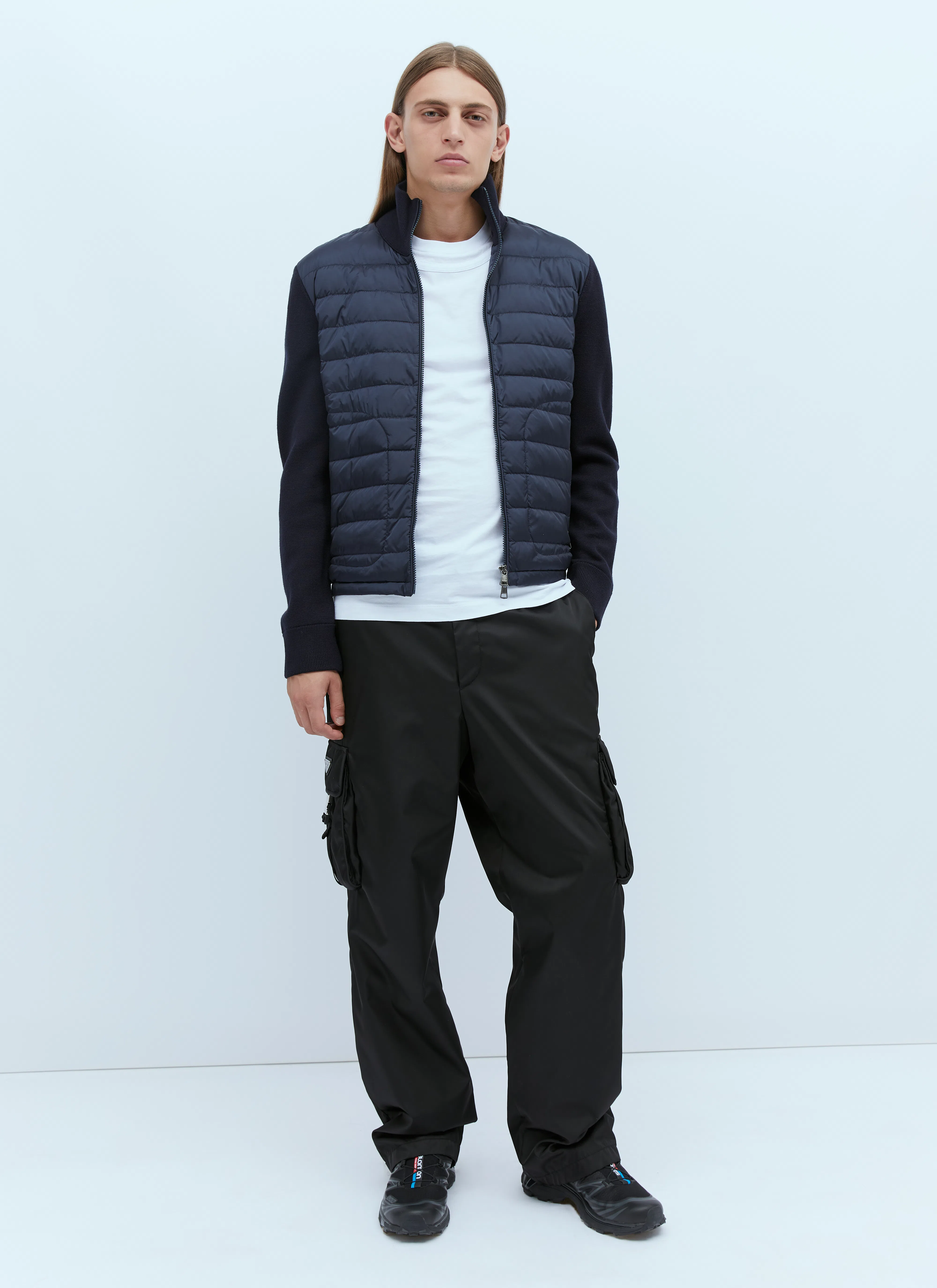 MONCLER Wool Blend Tricot Down Jacket In Navy