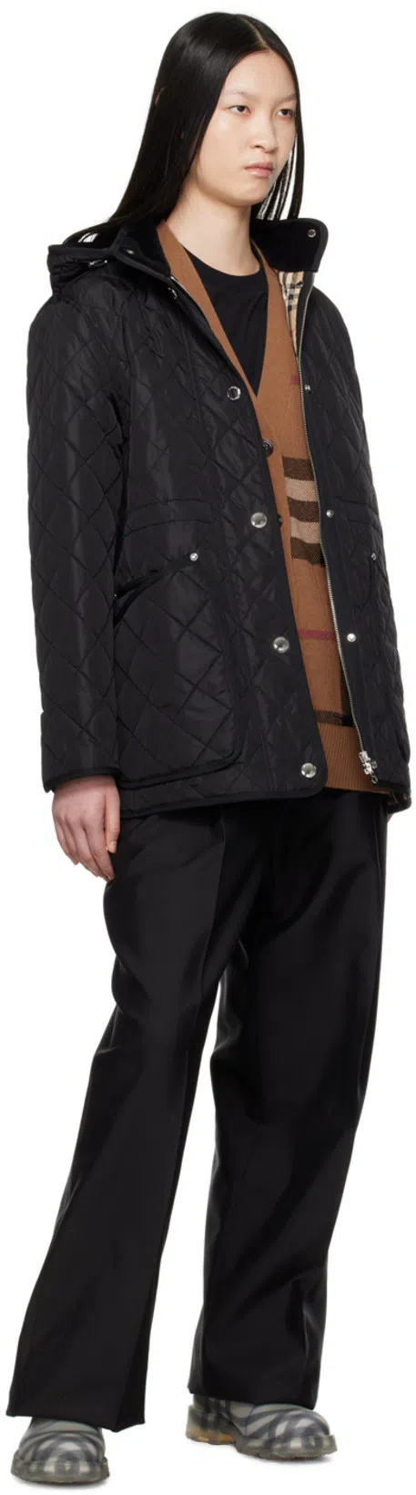 BURBERRY Black T-shirt With Check Pattern Sleeves Women