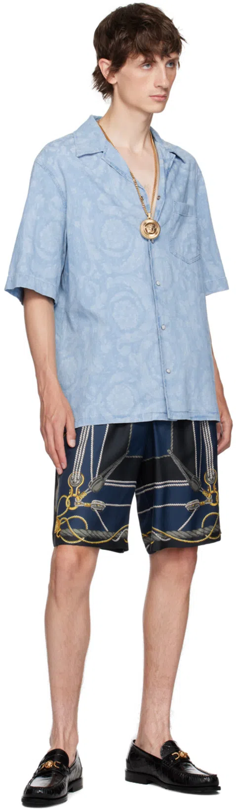 VERSACE Nautical Printed Silk Shorts In Blue