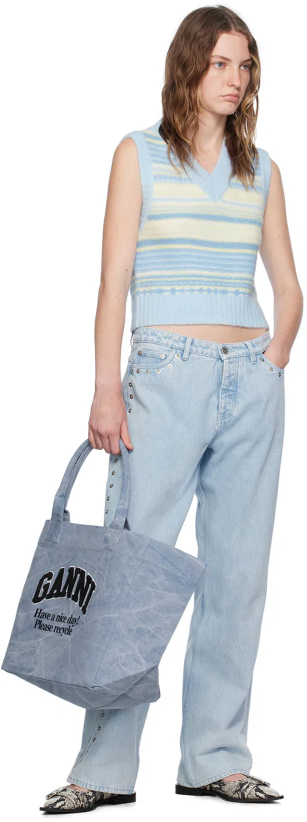 GANNI Buckled Eyelet-embellished Snake-effect Recycled Faux Patent-leather Ballet Flats In Multi