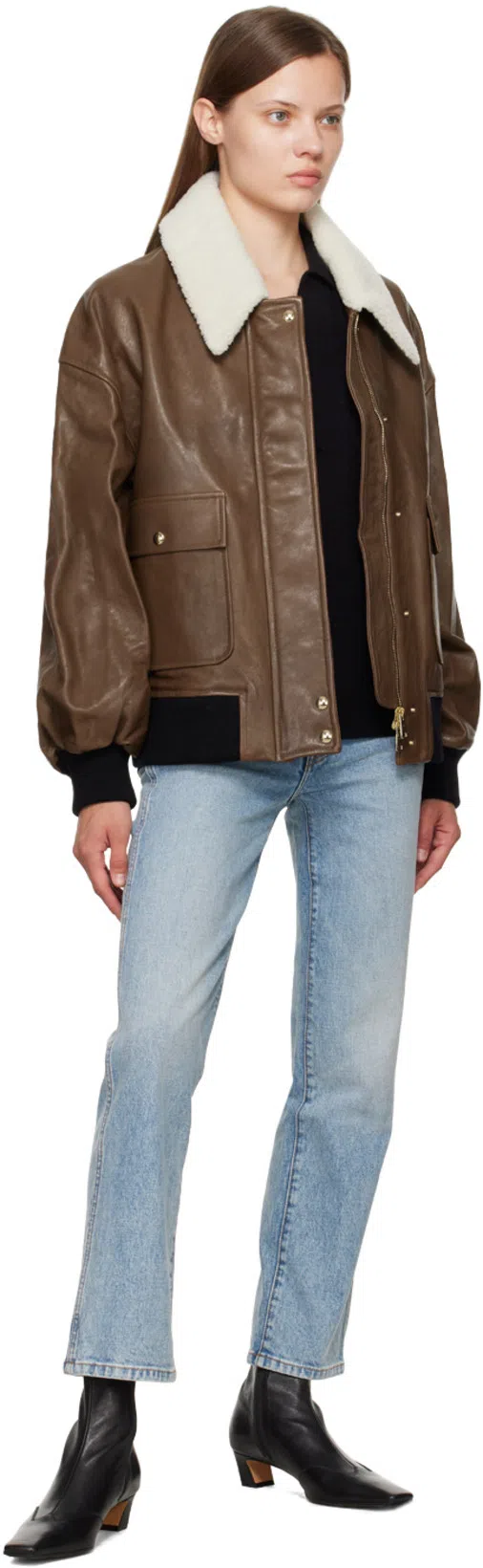 KHAITE Shellar Leather Bomber Jacket With She In Brown