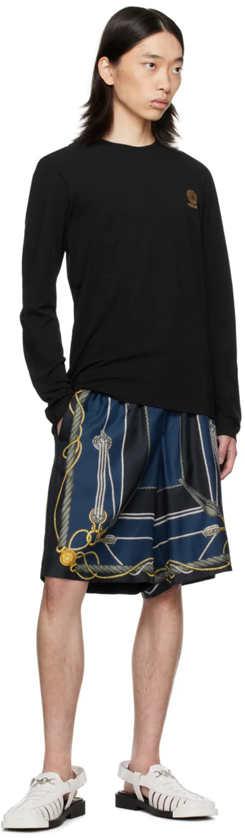 VERSACE Nautical Printed Silk Shorts In Blue