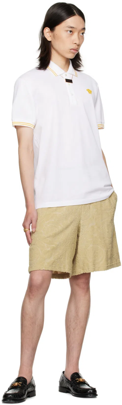 VERSACE White Polo Shirt With Classic Collar And Medusa Embroidery On The Front In Neutral