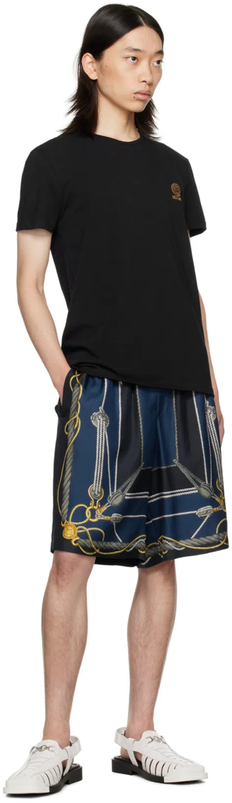 VERSACE Nautical Printed Silk Shorts In Blue