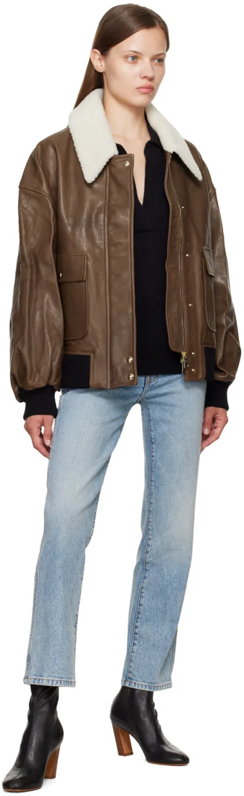 KHAITE Shellar Leather Bomber Jacket With She In Brown