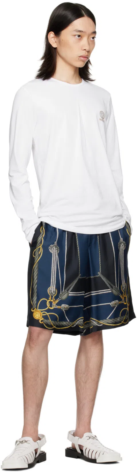 VERSACE Nautical Printed Silk Shorts In Blue