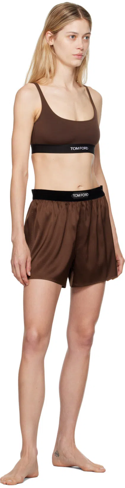TOM FORD Logo Silk Blend Shorts With Satin Finish In Black