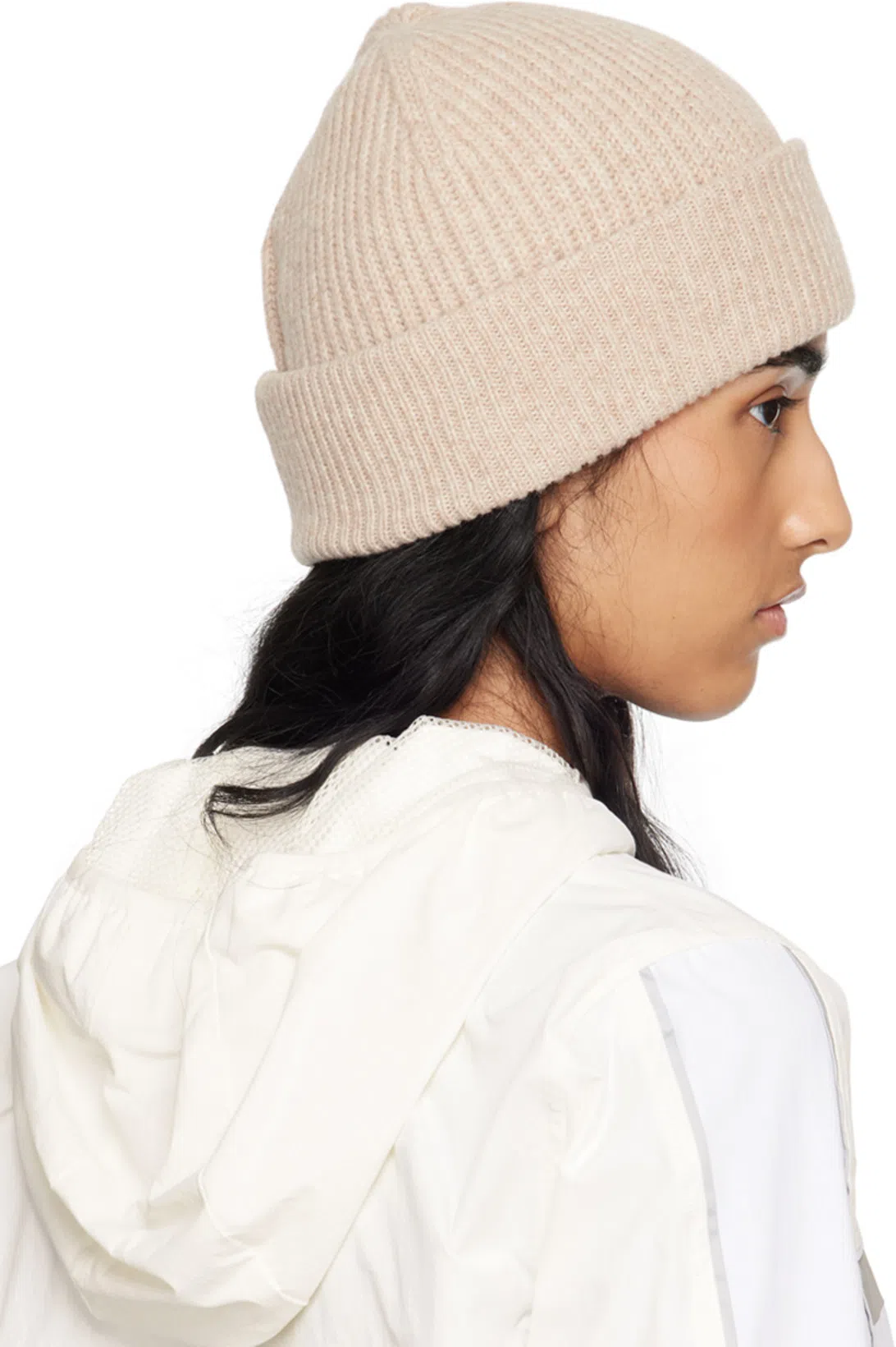 GANNI Beige Fisherman Rib Beanie With Logo Patch In Wool Blend Woman