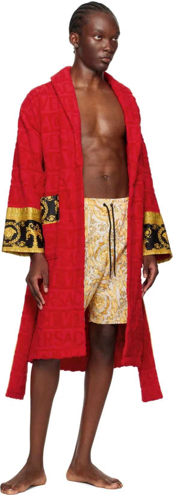 VERSACE I Love Baroque Logo-jacquard Cotton Bathrobe In Red