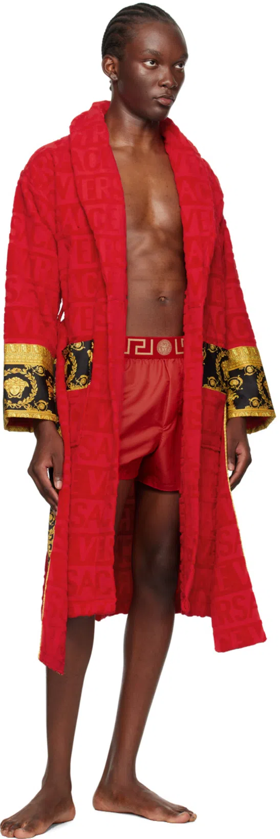 VERSACE I Love Baroque Logo-jacquard Cotton Bathrobe In Red