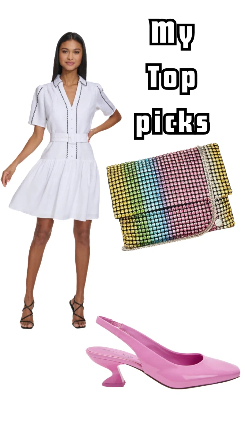 White dress outfit for summer | Wearing: Katy Perry The Laterr Slingback Square Toe Pump In Hot Pink; Karl Lagerfeld Women's Puff-sleeve Belted A-line Dress In White; Olga Berg Dianna Soft Crystal Clutch In Pink