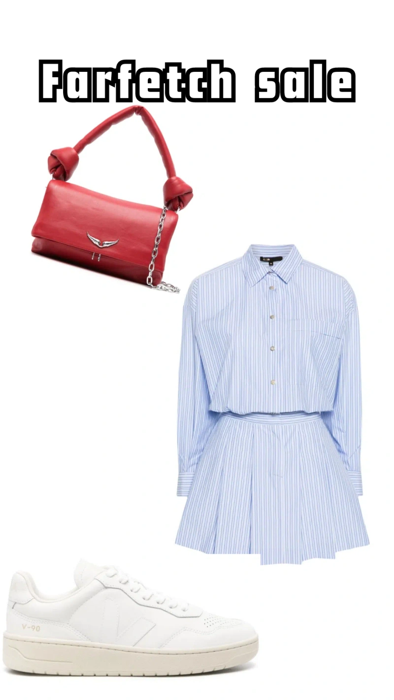 Chic business look on Farfetch | Wearing: Zadig & Voltaire Rocky Eternal Bag In Power; Veja V 12   Women's In White; Maje Striped Cotton Shirtdress In Blue
