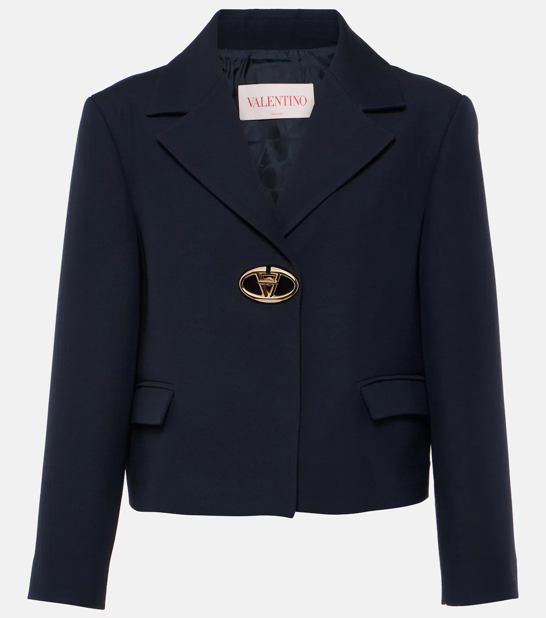 VALENTINO Single-breasted Navy Wool Crop Jacket In Black