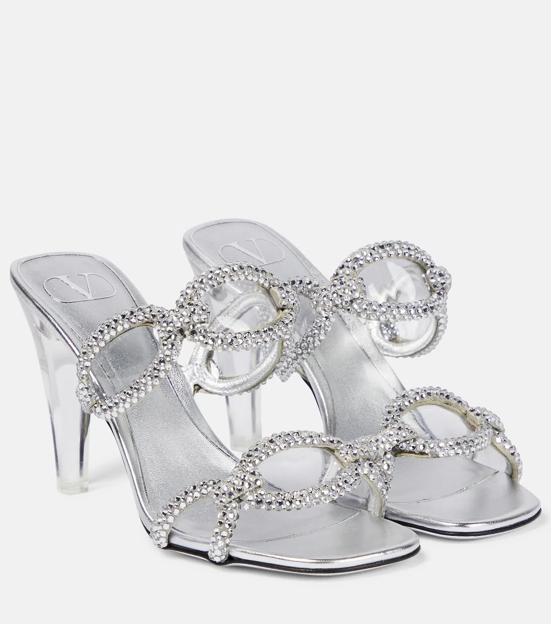 VALENTINO GARAVANI Chain 1967 10 Crystal-embellished Mules In Silver