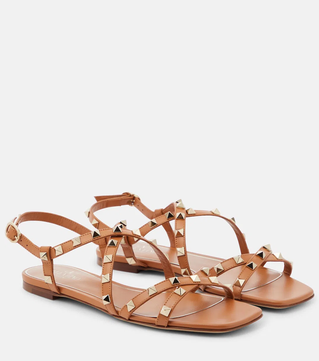 VALENTINO GARAVANI Calfskin Rockstud Sandal With Straps Woman Almond 42 In Brown