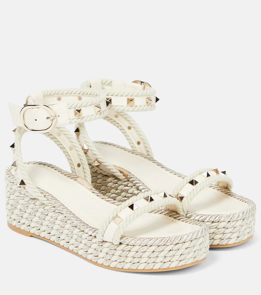 VALENTINO GARAVANI Rockstud 45 Rope & Leather Wedge Sandal In Natural/ivory/gold/platinum