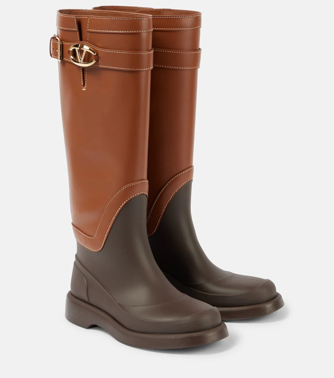 VALENTINO GARAVANI Two-tone Leather And Rubber Vlogo Bold Boots In Brown