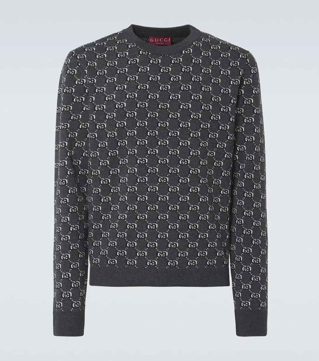 GUCCI Men Grey Crewneck Sweater With Jacquard Gg Shadow In Wool Man In Blue