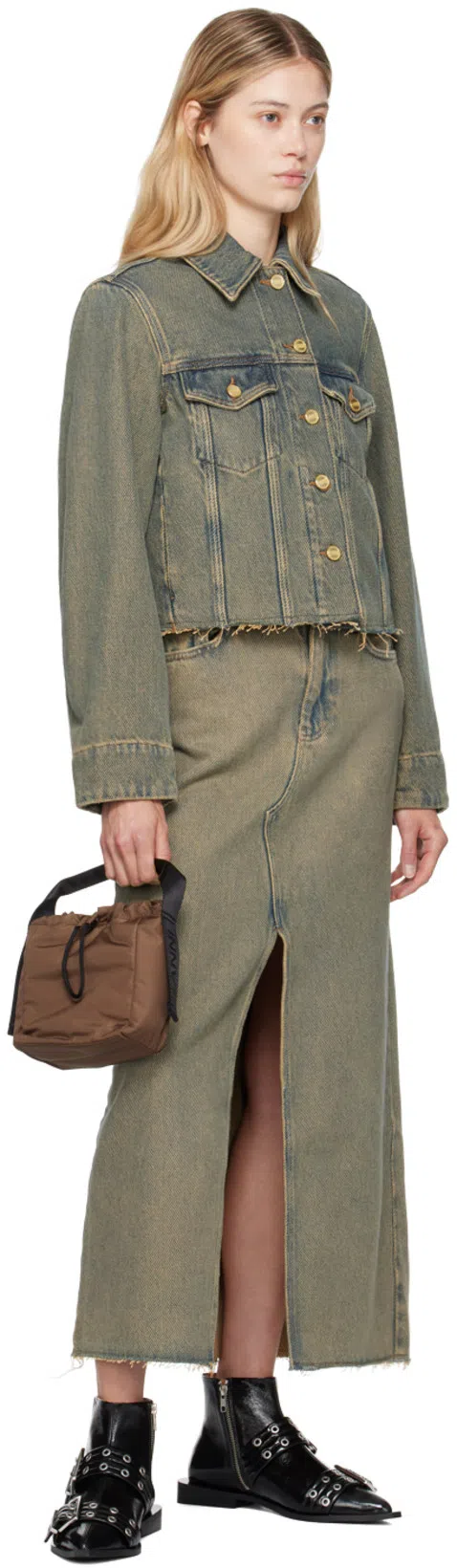 GANNI Maxi Grey Skirts With Slit At The Front In Blue