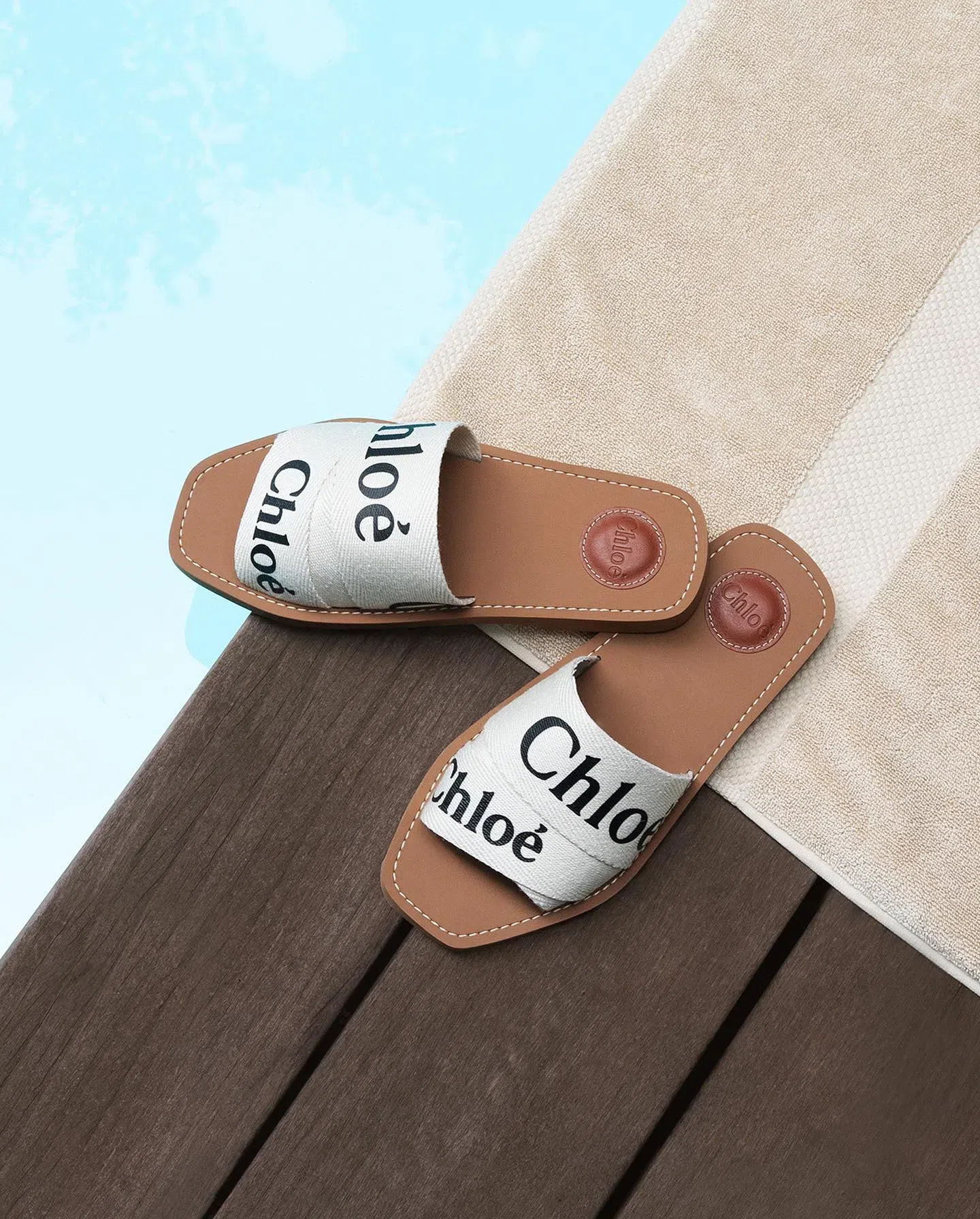 CHLOÉ Woody Flat Logo Ribbon Slide Sandals In White