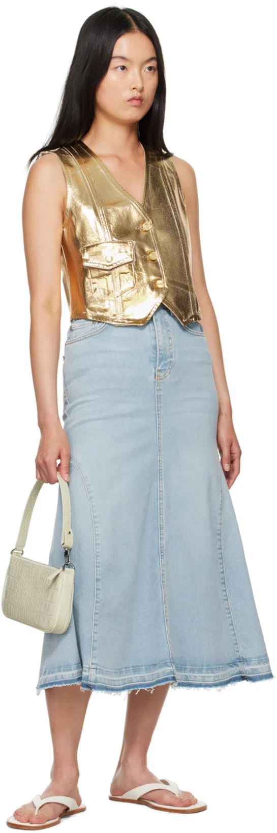 GANNI Pleated Denim Midi Skirt In Multi