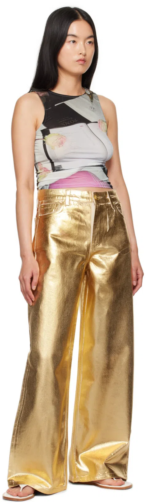 GANNI Women Gold Five Pockets Wide Jeans In Laminated Fabric Woman