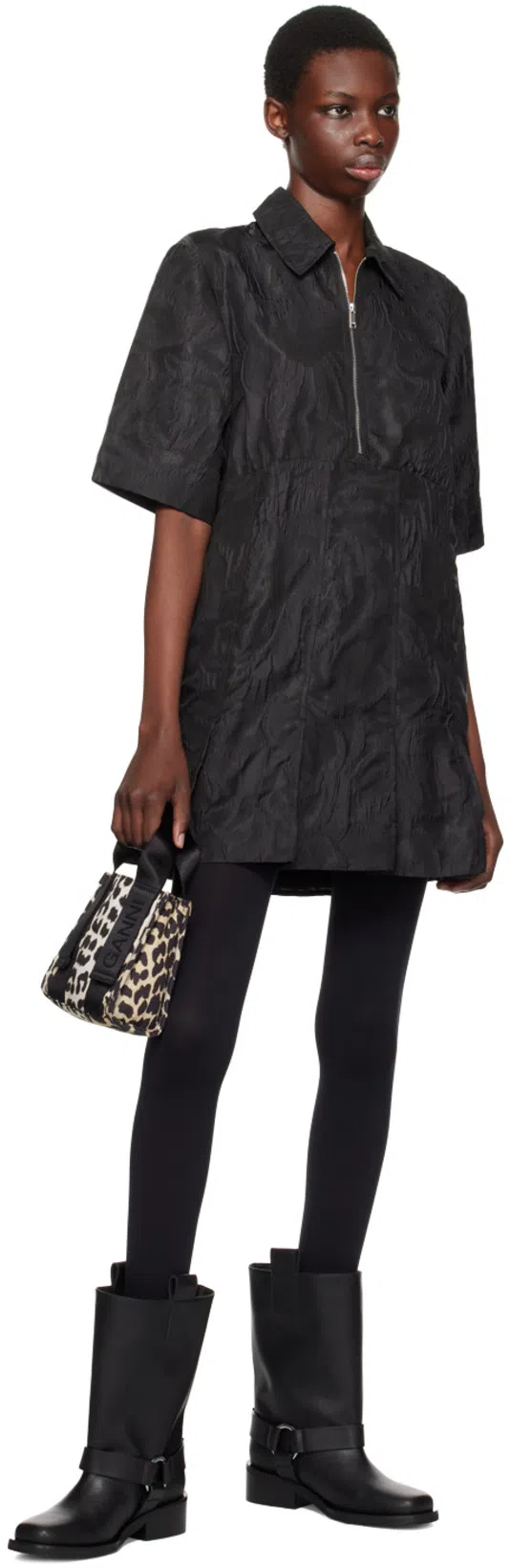 GANNI Mid Calf Recycled Leather Biker Boots In Black