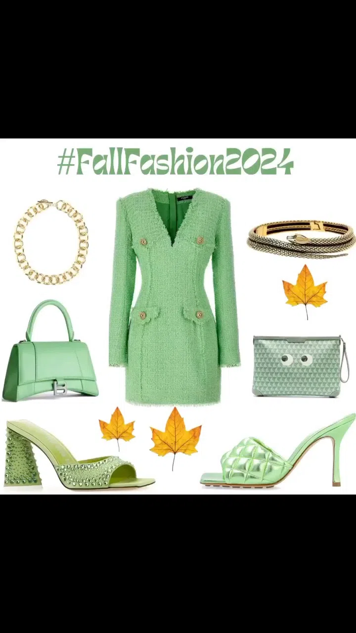 BALMAIN Green Logo Button Tweed Dress