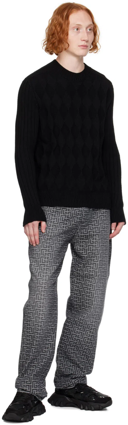 BALMAIN Jeans With Monogram Motif All-over In Grey