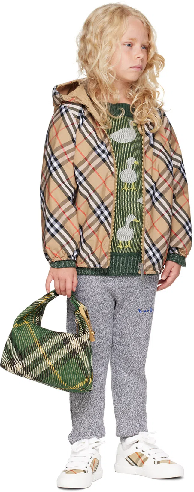 BURBERRY Peg Check Fabric Medium Bag In Green