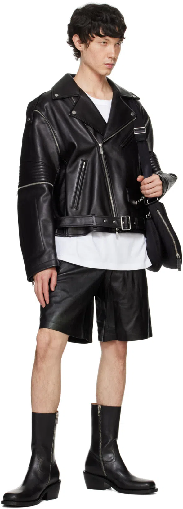 HELMUT LANG Black Zip Bomber Leather Shorts