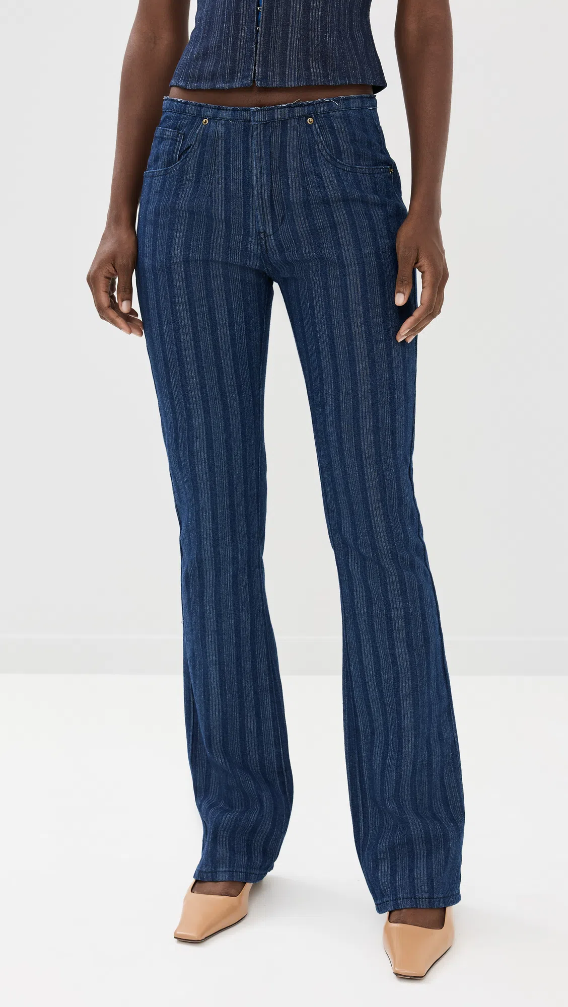 LIONESS Charismatic Denim Corset In Dark Pinstripe