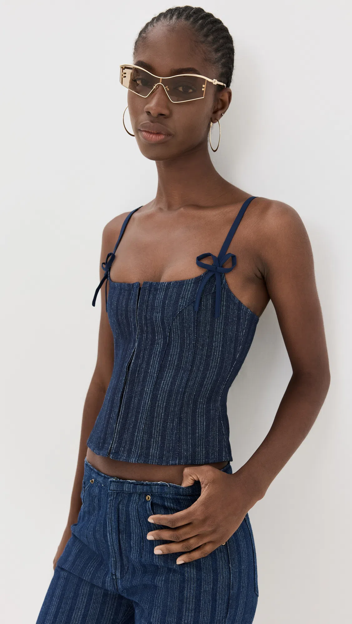 LIONESS Charismatic Denim Corset In Dark Pinstripe