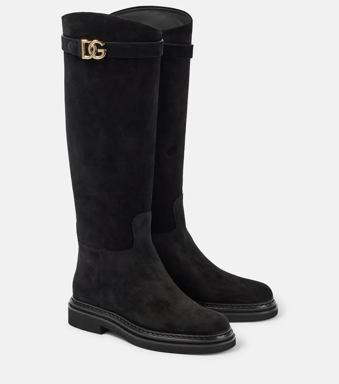 DOLCE & GABBANA Black Suede Leather Knee High Boots Shoes