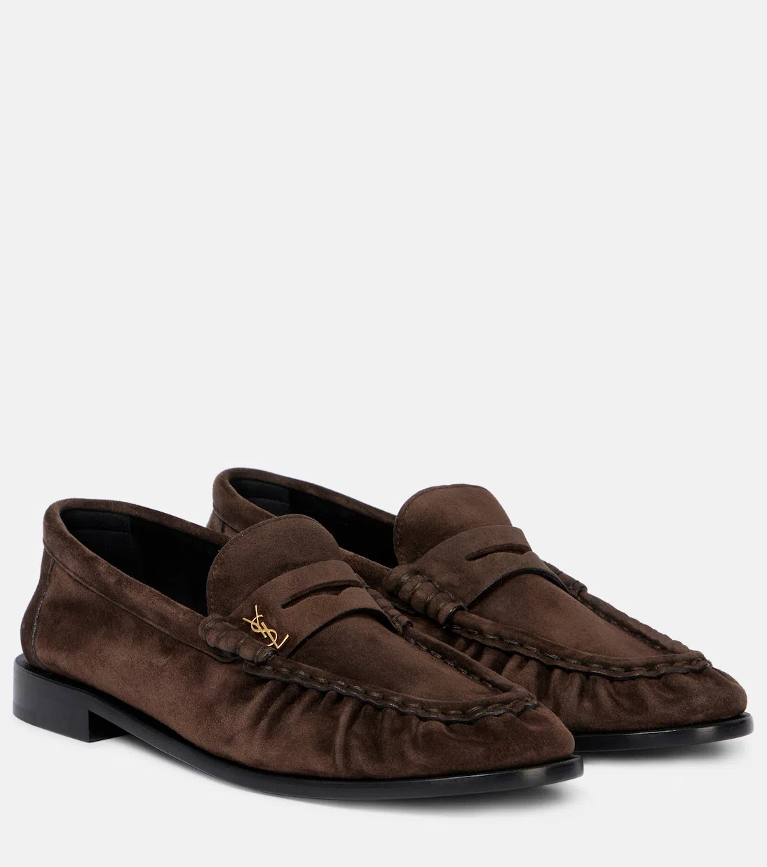 SAINT LAURENT Suede Round Toe Slip On Loafers In Burgundy
