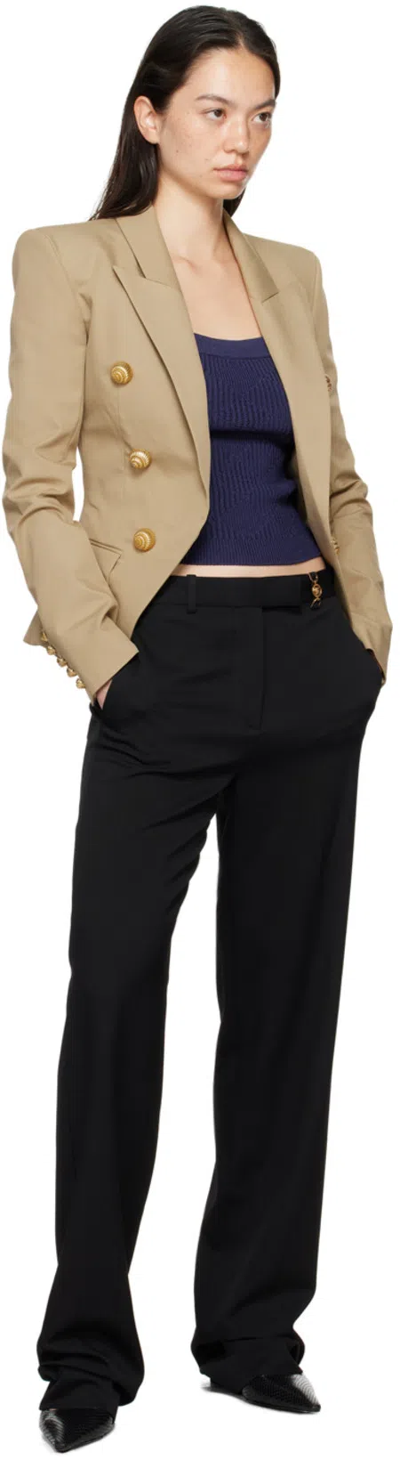 BALMAIN Blue Gingham Openwork Knit Tank Top In 6bo Bleu Nuit