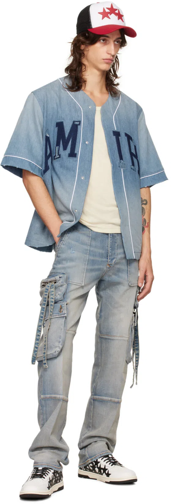 AMIRI Blue Sunfaded Baseball Denim Shirt