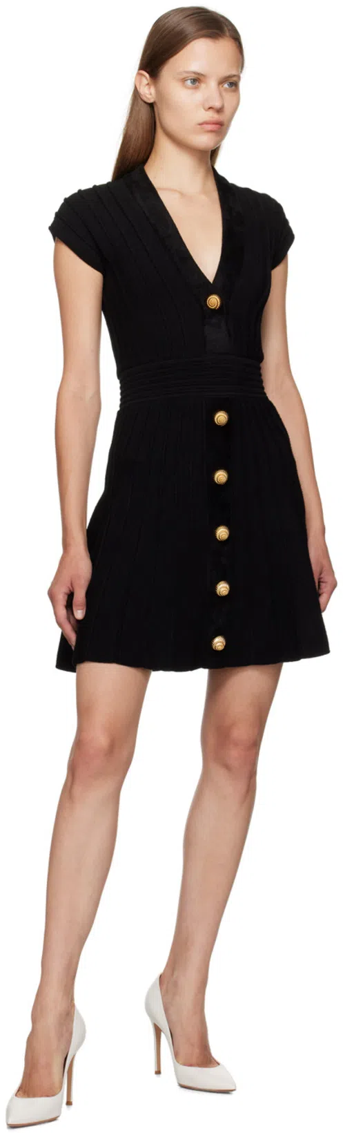 BALMAIN Buttoned Velvet V-neck Flared Mini Dress In Black