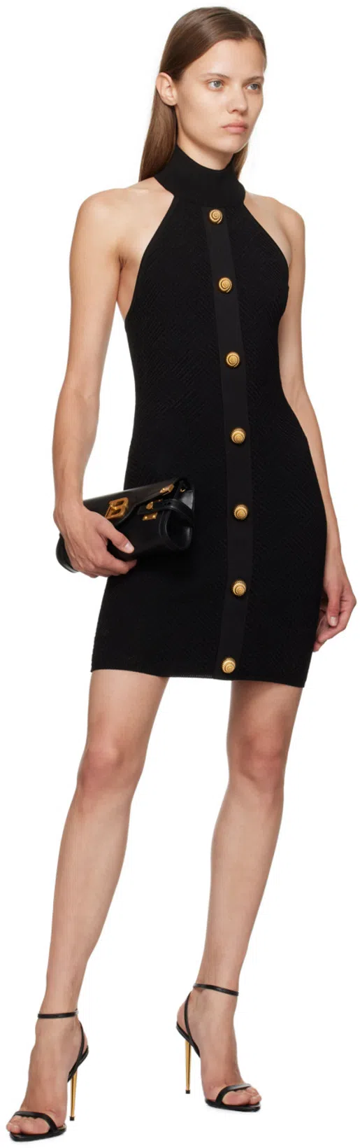 BALMAIN Black Dress With Pointed Collar And Logo Buttons On The Front In Wool Woman