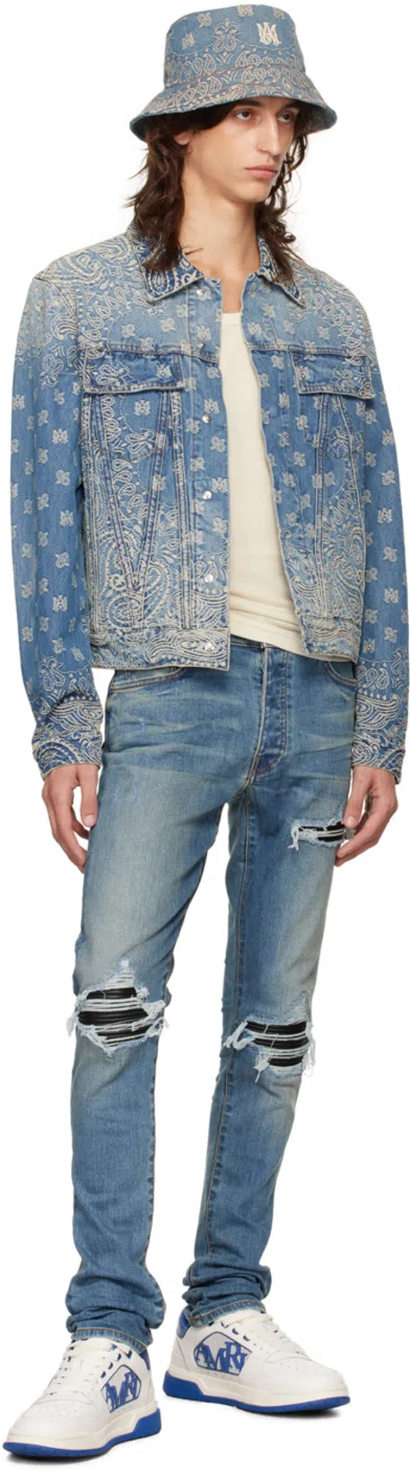 AMIRI Mx1' Ribbed Leather Knee Patch Ripped Washed Skinny Jeans In Clayindigo