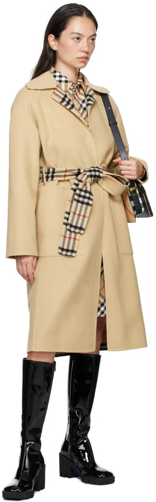 BURBERRY Chemisier Cotton Short Dress With Check Print In Nude