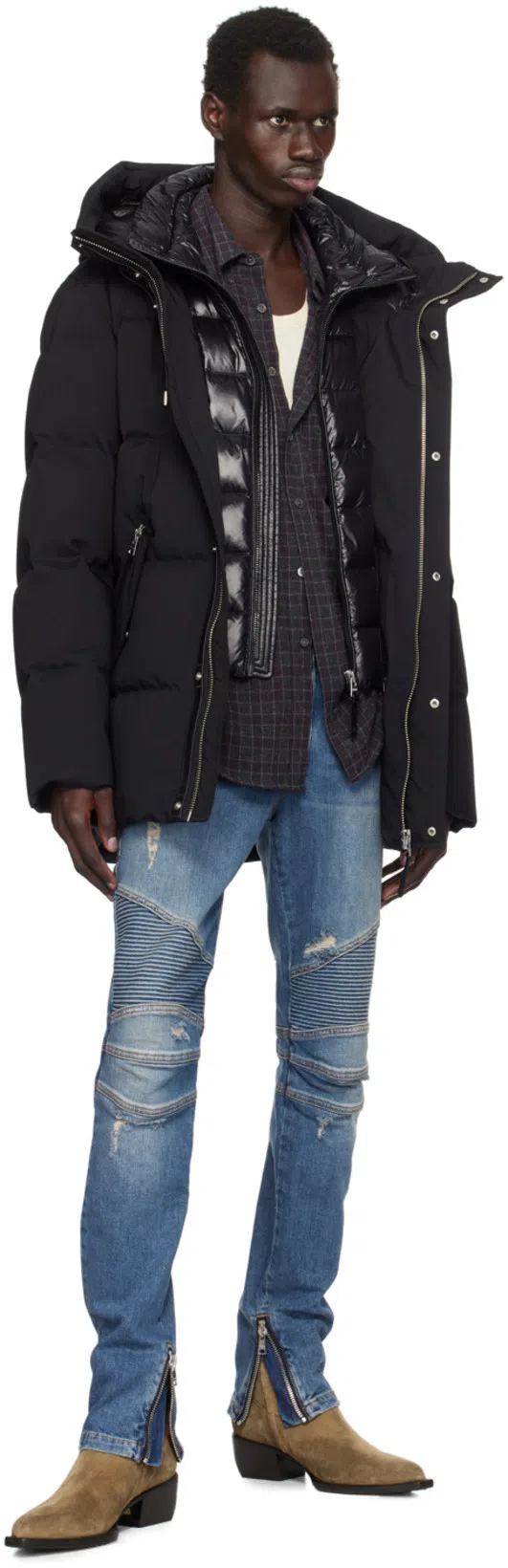 BALMAIN Light Blue Biker Jeans With Zip And Rips In Bleujeanbrut