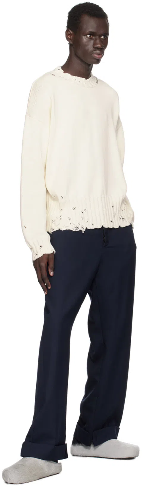 MARNI Distressed Cotton Confetti Jacquard Crewneck Sweater In 00w01 Lily White