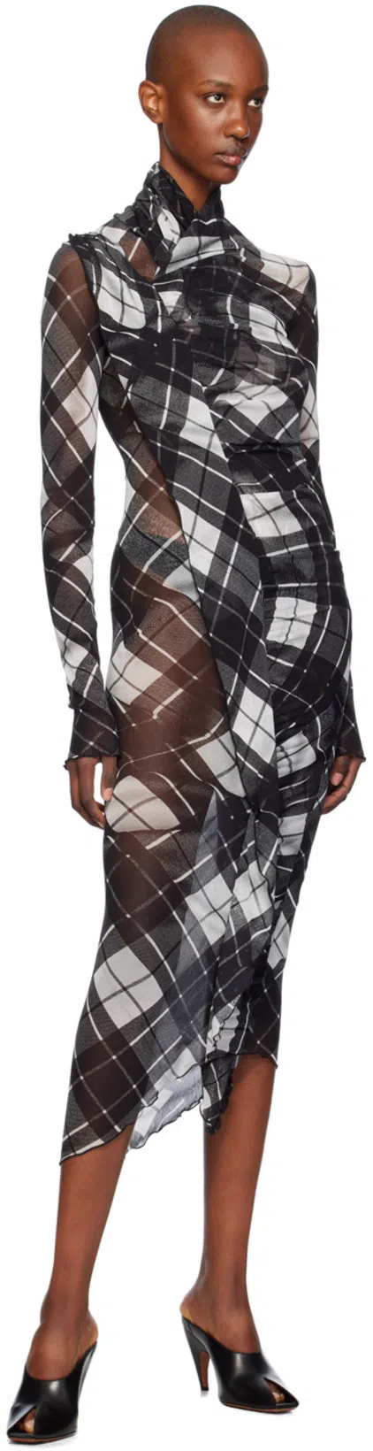 JEAN PAUL GAULTIER Distorted Tartan-print Draped Mesh Maxi Dress In Multi