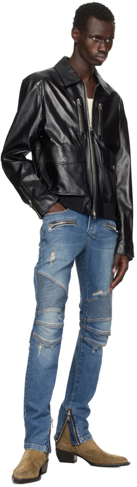 BALMAIN Light Blue Biker Jeans With Zip And Rips In Bleujeanbrut